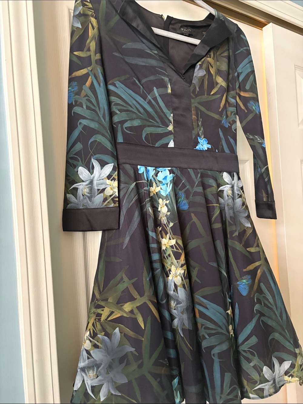 Ted Baker London Black Floral Fit-and-Flare Long Sleeve Dress